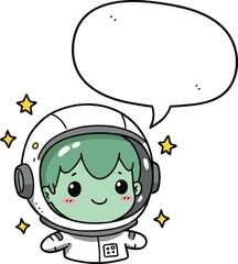Cute cartoon astronaut illustration with green alien child face, kawaii space explorer art, adorable cosmic character drawing, funny galaxy design, space suit vector