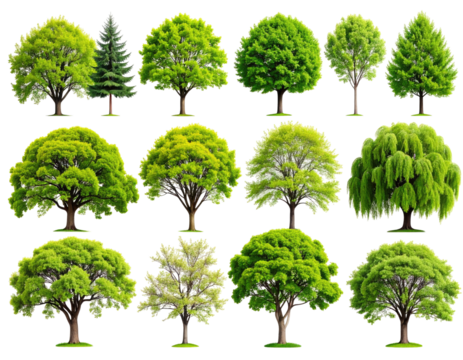 Collection of various vibrant green trees.  A range of shapes and sizes, from conifers to broadleaf trees.  Isolated on a black background