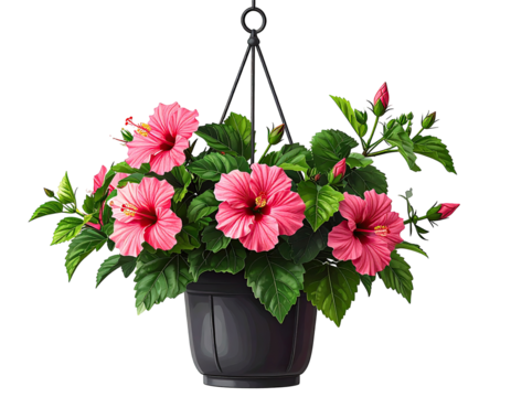 Hanging hibiscus planter, vibrant pink flowers in dark pot - Powered by Adobe