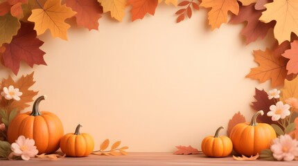 pumpkin and autumn leaves on wooden background. Illustrate a warm-toned background adorned with layered fall leaves