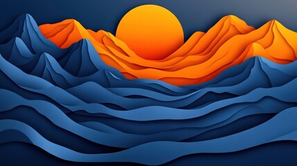 Vibrant Sunrise Over Abstract Mountain Landscape with Waves