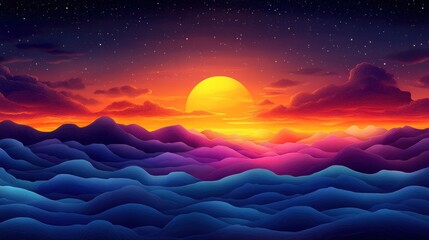 Vibrant Sunset Over Dreamy Colorful Waves and Starry Sky Background