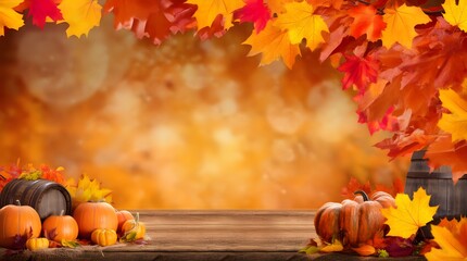 autumn background with pumpkins and leaves. Thanksgiving fall autumn background or backdrop for photos