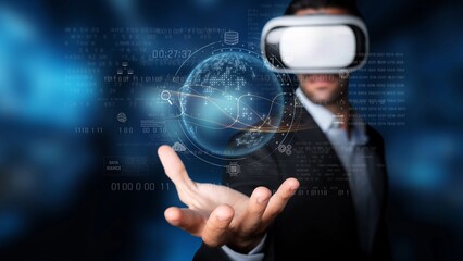 Businessman uses virtual reality headset while interacting with floating digital network around him, symbolizing innovation, technology, and future possibilities in business. Raster