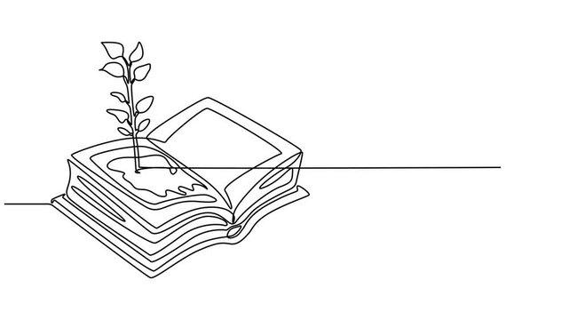 Opened book with sprout plant continuous one line drawing animation, Animated self drawing of continuous line draw  opened book with sprout plant. Education study and knowledge concept in simple line