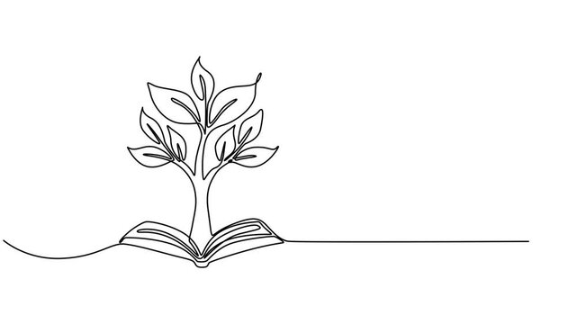Opened book with sprout plant continuous one line drawing animation, Animated self drawing of continuous line draw  opened book with sprout plant. Education study and knowledge concept in simple line