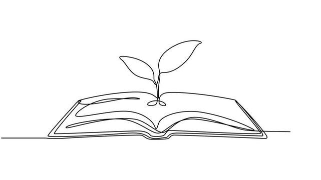 Opened book with sprout plant continuous one line drawing animation, Animated self drawing of continuous line draw  opened book with sprout plant. Education study and knowledge concept in simple line