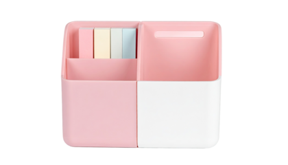 Pink rectangular organizer with compartments.  Three colorful sticky notes are visible within the organizer.  A small slot or compartment is also present