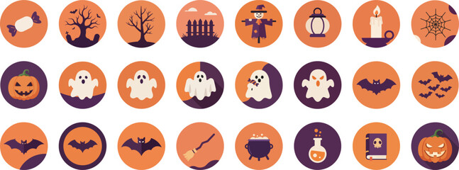 24 Halloween-themed icons in round badges with orange and purple color scheme