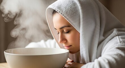 Relaxation Steam Therapy with Towel Over Head. Home Spa, Self-Care, Sinus Relief, & Wellness. Aromatherapy Treatment.

