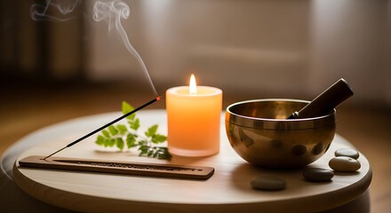Mindfulness Meditation Setup with Incense, Candle, & Singing Bowl. Spiritual Wellbeing, Serenity, and Zen Home Decor.

