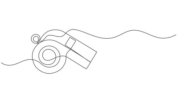 referee whistle continuous one line drawing animation, Sports whistle one line art. Continuous line drawing of sport, coach, referee, activity, Continuous one line drawing of sport whistle icon.