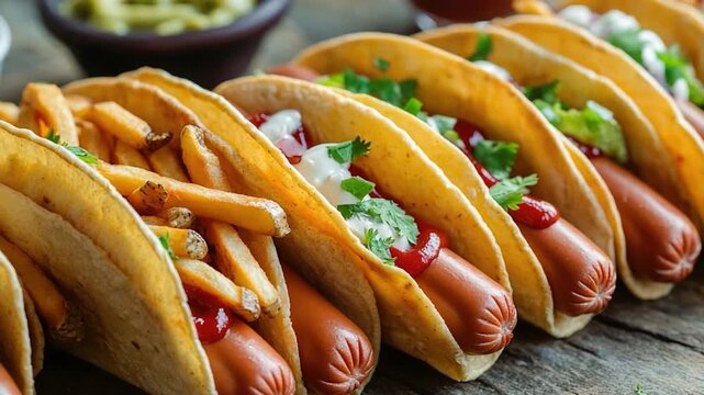 A row of colorful tacos sitting on a rustic wooden table
