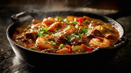 Gumbo in cast iron skillet, rustic stone countertop, moody atmosphere