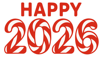 Happy 2026 Candy Cane Typography in Red and White Flat Design