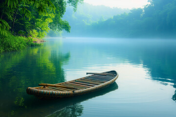 Wooden canoe on tranquil lake surrounded by lush forest mist