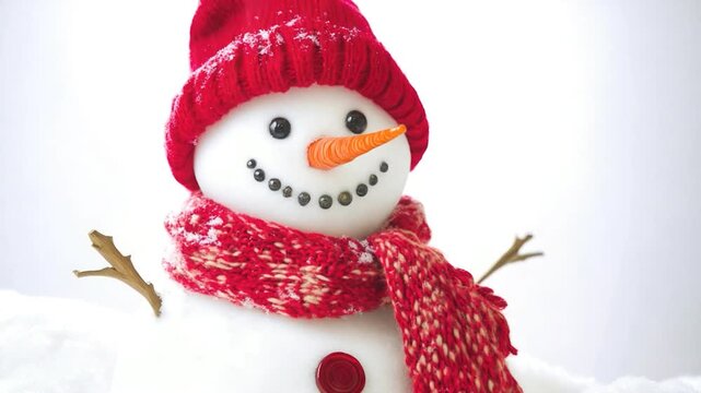 Close-up shot of a winter snowman wearing a bright red hat and matching scarf