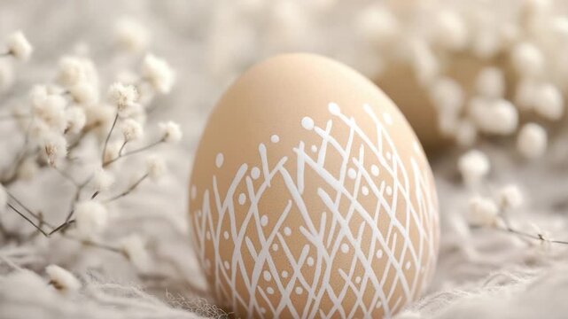 A single white and brown egg sits on a clean white blanket, perfect for Easter or spring-themed compositions