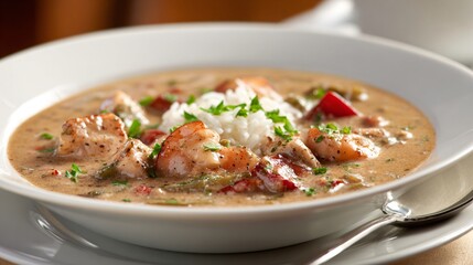 Gumbo plated in elegant white porcelain dish, soft beige background