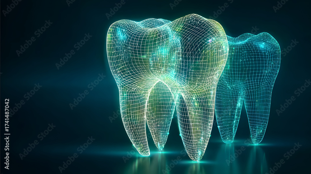 Wall mural 3d wireframe of a tooth with blue green and white gradient on dark background high-tech futuristic p