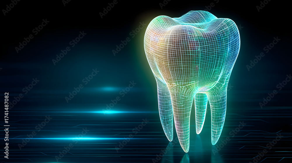 Wall mural 3d wireframe of a tooth with blue green and white gradient on dark background high-tech futuristic p