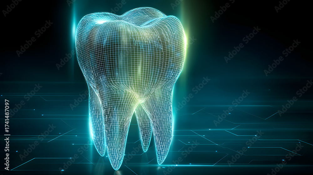Wall mural 3d wireframe of a tooth with blue green and white gradient on dark background high-tech futuristic p