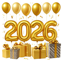 Golden 2026 celebration with balloons, gifts, and confetti