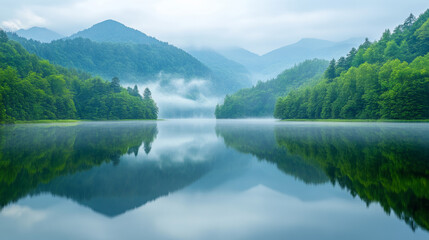 Fototapeta premium Misty Mountains Reflected in a Tranquil Lake 