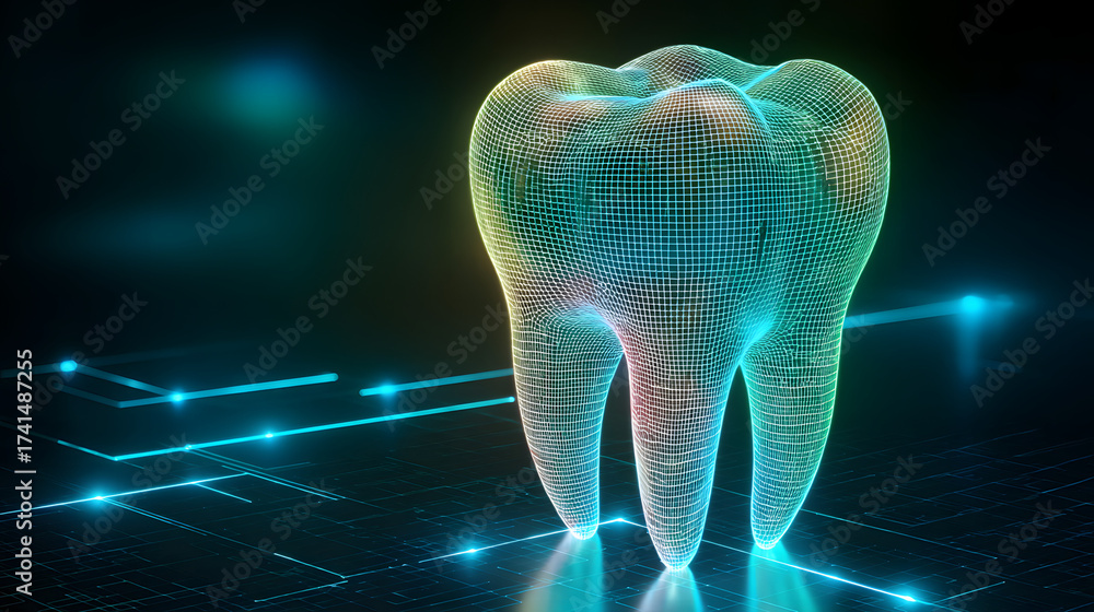 Wall mural 3d wireframe of a tooth with blue green and white gradient on dark background high-tech futuristic p
