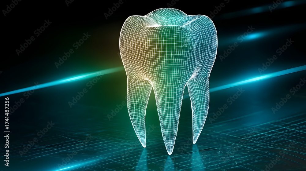 Wall mural 3d wireframe of a tooth with blue green and white gradient on dark background high-tech futuristic p