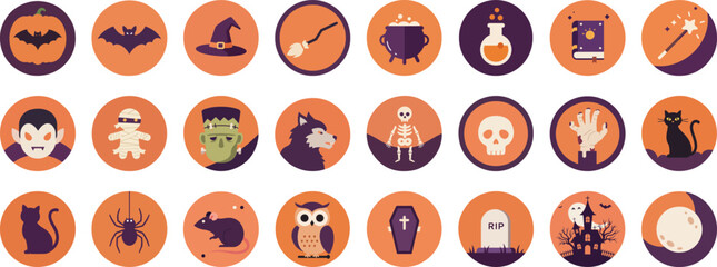 24 Halloween-themed circular icons with orange and purple palette
