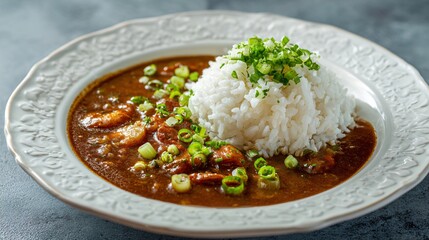 Gumbo plated with rice flower pattern, white porcelain plate, minimal gray backdrop