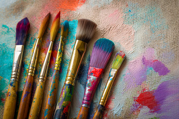 Colorful paintbrushes on artistic canvas background with creative splashes