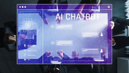 Fototapeta premium A modern workspace features diverse professionals engaging in AI chatbot design discussions. The digital interface showcases innovative technology and collaboration. Raster