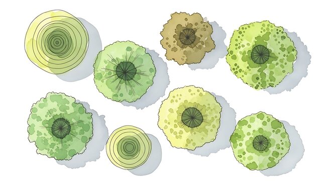 Detailed Watercolor Trees (Top View) for Architectural Plans. Landscape Design, Site Plan, Overhead View, & CAD Drafting Elements.

