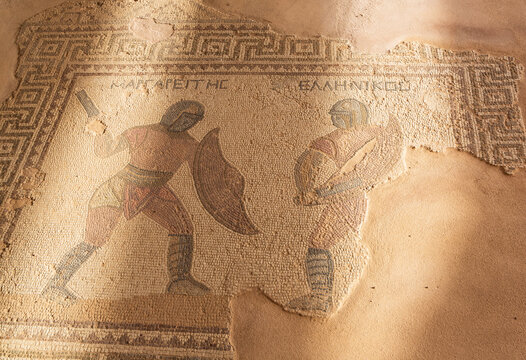 Mosaic of two gladiators in the House of the Gladiators of an ancient Greek city-state called Kourion on the island of Cyprus