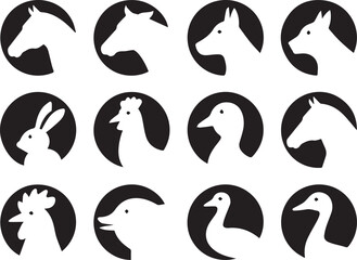 animal head icons set minimalist black white circular silhouettes vector ai eps png jpeg for branding and education