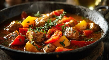 Gumbo with bright peppers and herbs, rustic cast iron skillet, moody warm lighting