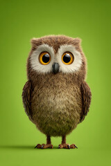 Fototapeta premium Cute cartoon owl with big eyes standing on a vibrant green background, showcasing its fluffy feathers