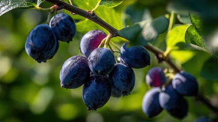 Fototapeta premium Close up of ripe blueberries on a branch surrounded by green foliage