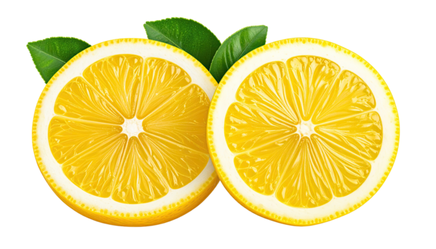 Two bright yellow lemon halves, juicy and fresh, with vibrant green leaves