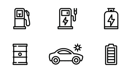 Vector art of electric car and charging station icon set contains icons as gas station, electric charger, battery, barrel, car