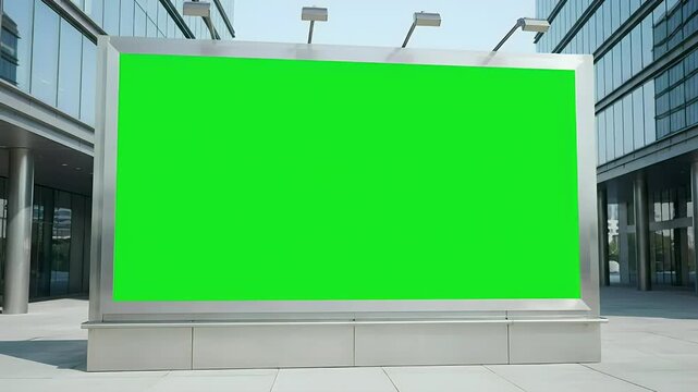 Large Green Screen Billboard in Modern Urban Environment, Perfect for Advertising Mockup and Digital Signage Content Replacement