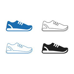 Four different styles of athletic running shoes in blue outline black and white