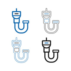 Four stylized icons representing a plumbing trap or p trap in blue and black outlines