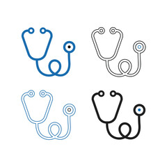 Four stylized stethoscope icons in blue and black outline and solid fill representations