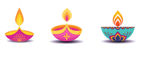Colorful Decorative Diwali Diyas with Burning Flame on White Background