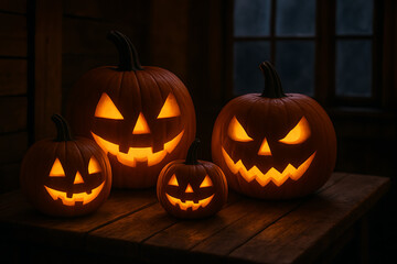 Obraz premium Four spooky carved halloween pumpkins glowing with warm orange light indoors