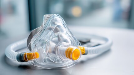 Detailed view of a medical respiratory mask with tubing isolated on a light background