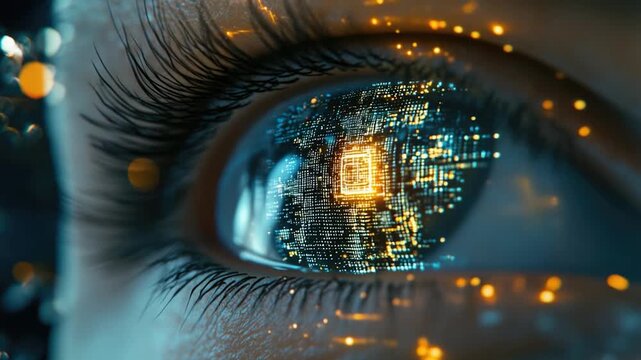 A close-up view of a person's eye with a small electronic circuit embedded in the iris